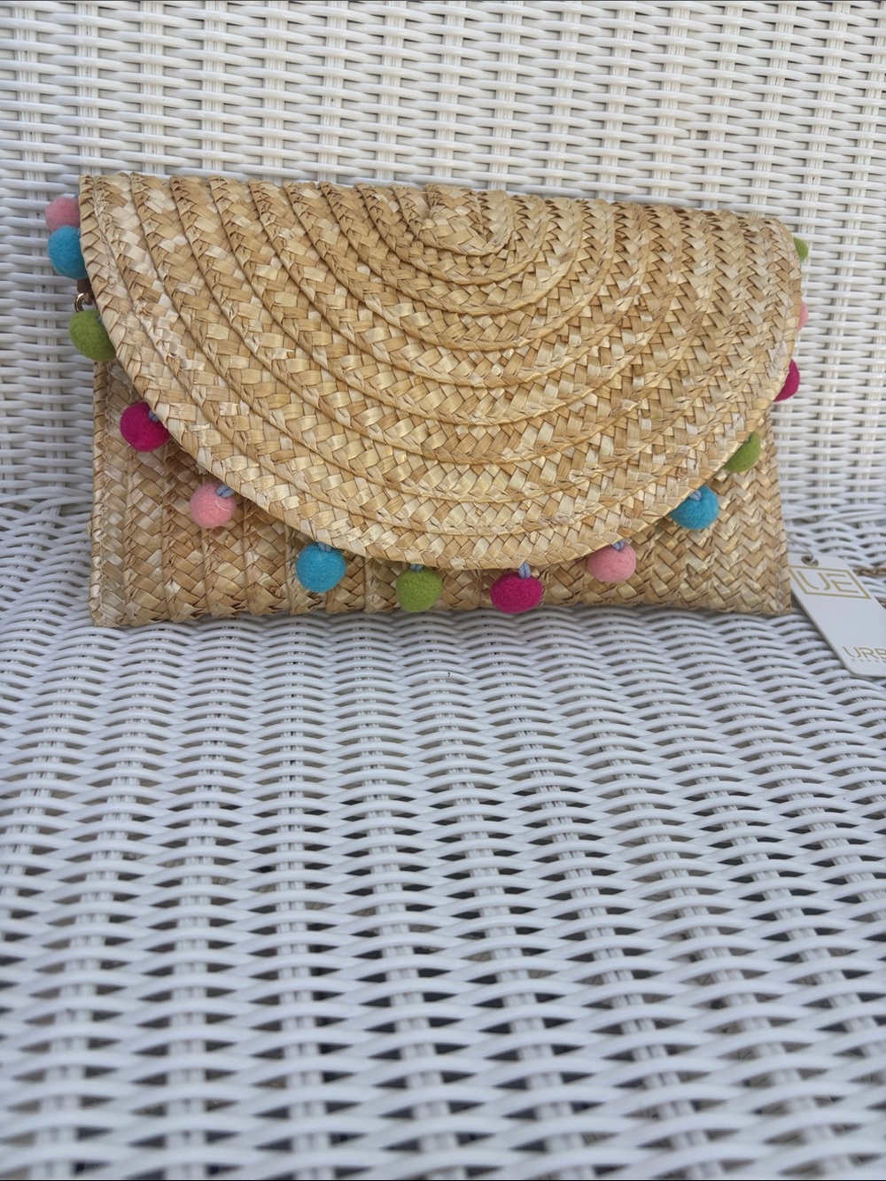 Urban Expressions Natural Straw Clutch with Multicolor Pom Poms